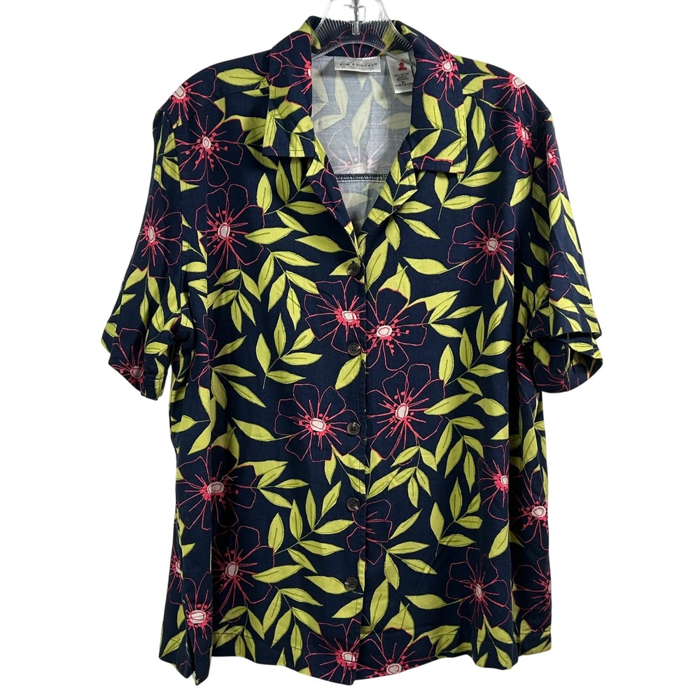 Kim Rogers Womens XL Navy Blue Floral Rayon Short Sleeve Button Up Camp Shirt